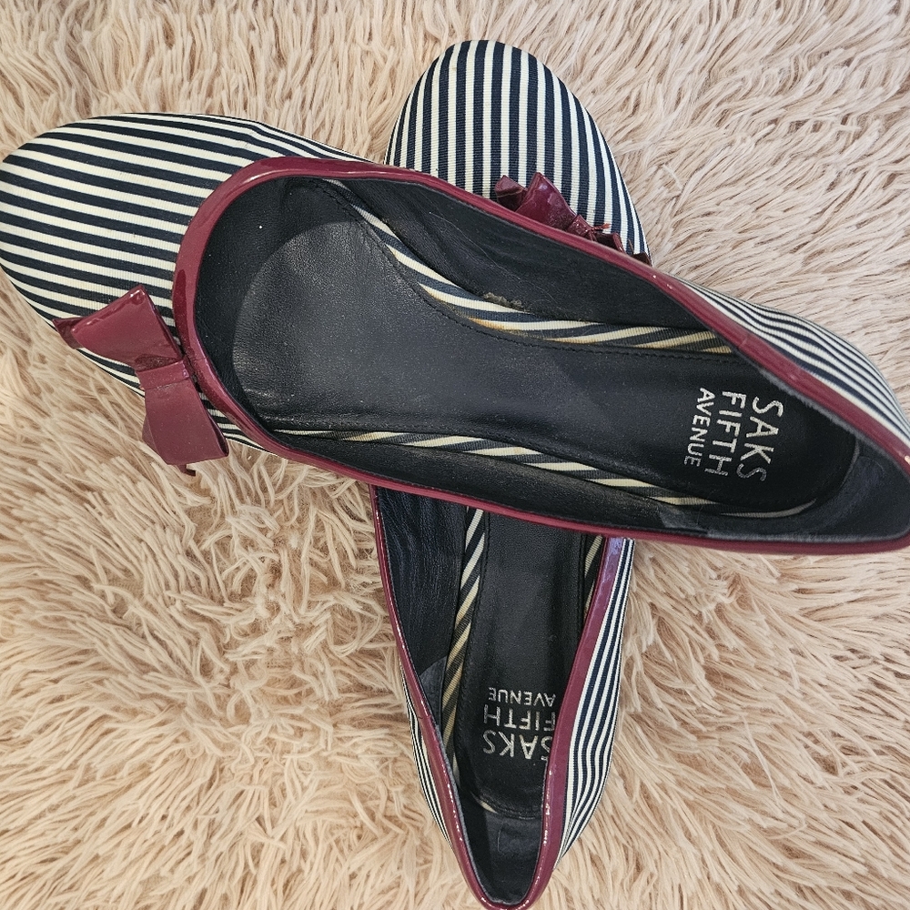 Saks Fifth Avenue Navy and White Striped Ballet Flats with Burgundy Trim